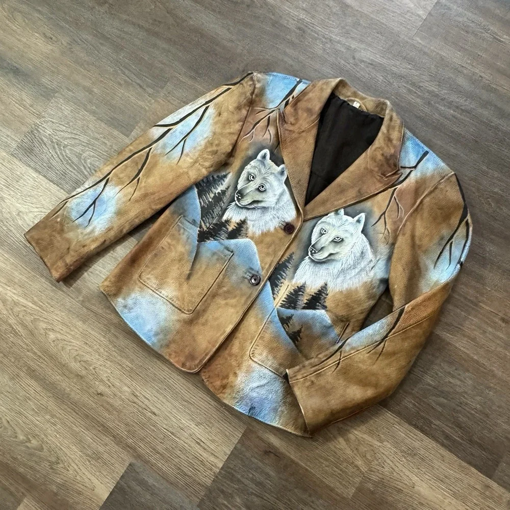 VTG Hand Painted Wolf Alaska Nature Brown Faux Leather Jacket Tagged Size XL - Picture 1 of 9